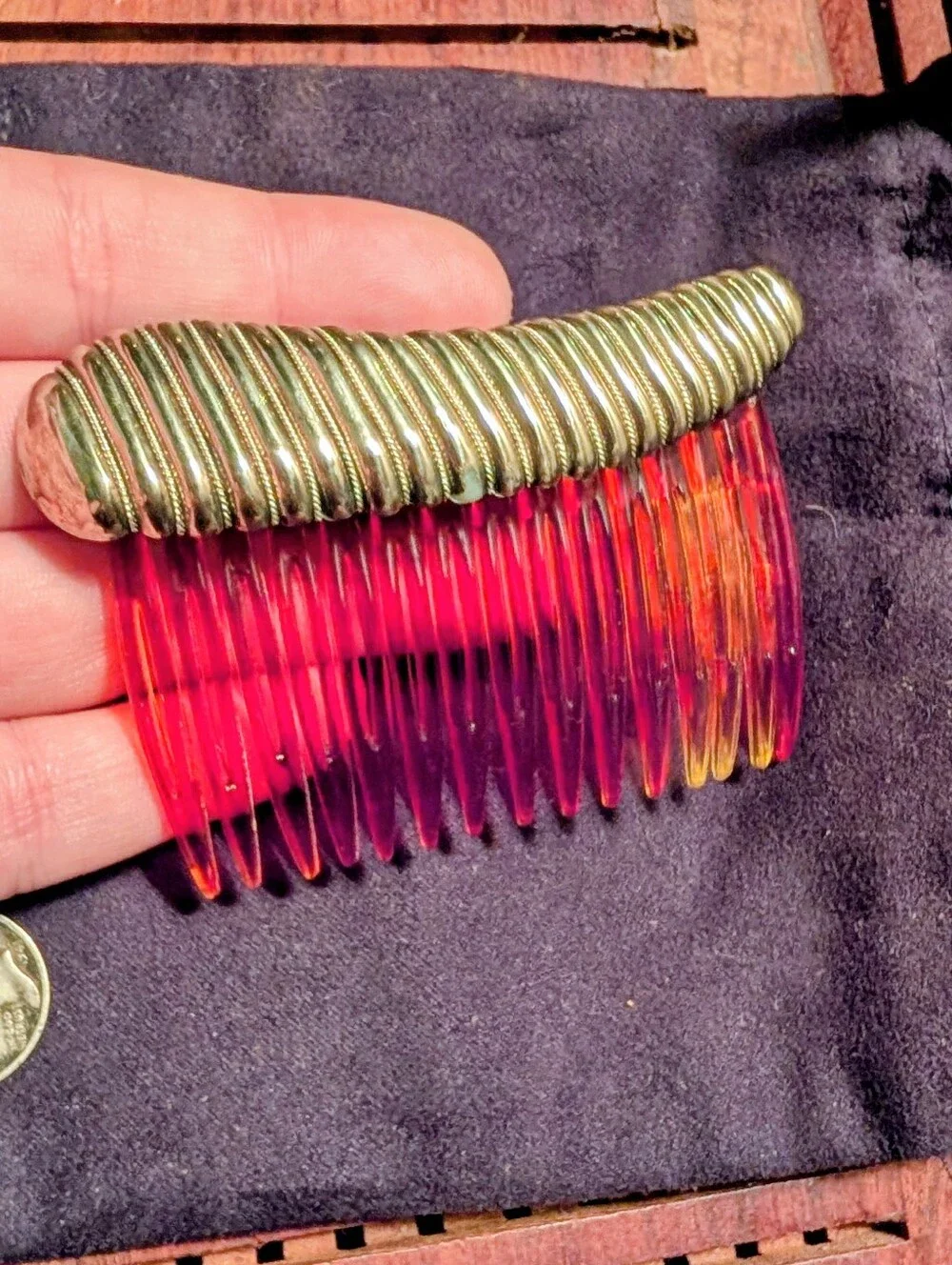 Decorative Red-Orange Tortoiseshell Hair Comb with Silver Tone Accent